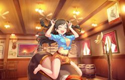 Rule 34 | 10s, 1girl, :d, ^ ^, barefoot, belt, ceiling fan, closed eyes, curtains, closed eyes, feet, fringe trim, front-tie top, gun, horns pose, idolmaster, idolmaster cinderella girls, idolmaster cinderella girls starlight stage, indoors, jpeg artifacts, lever action, mechanical bull, nonomura sora, official art, open mouth, rifle, shirt, shorts, smile, solo, tied shirt, toes, two side up, weapon, cowboy western, window