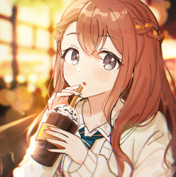 Rule 34 | 1girl, absurdres, aqua necktie, blurry, blurry background, blush stickers, braid, brown hair, brown theme, cardigan, chromatic aberration, cup, disposable cup, dot nose, drink, drinking straw, expressionless, eyelashes, facing viewer, fingernails, french braid, glint, grey eyes, hanasato minori, highres, holding, holding cup, lens flare, light blush, light particles, long hair, necktie, parted lips, pjmiyo, project sekai, sailor collar, sideways glance, solo, striped, striped necktie, swept bangs, syrup, triple horizontal stripe, wavy hair, white sailor collar, yellow cardigan, yellow theme