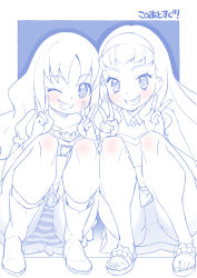 Rule 34 | 2girls, blue theme, boots, collared dress, commentary, crotch seam, double v, dress, earrings, frilled sleeves, frills, grin, hairband, heart, heartcatch precure!, highres, jewelry, kurumi erika, laura la mer, long hair, looking at viewer, miyagoe yoshitsuki, monochrome, multiple girls, one eye closed, outside border, panties, pantyshot, precure, sandals, short dress, side-by-side, smile, socks, spot color, squatting, striped clothes, striped panties, translated, tropical-rouge! precure, underwear, v