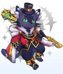 Rule 34 | 1boy, absurdres, black footwear, black hat, black pants, boots, cait sith (housamo), cape, cat boy, closed mouth, colored sclera, full body, furry, furry male, green sclera, hat, highres, holding, holding scepter, jacket, looking at viewer, male focus, pants, red cape, red jacket, scepter, solo, tokyo houkago summoners, top hat, white background, yed (yedsilent)