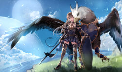 Rule 34 | 1girl, ;d, arm guards, armor, armored dress, belt, blonde hair, blue dress, blue eyes, blue sky, breastplate, breasts, brown belt, cleavage, cloud, collar, dress, elbow gloves, fingerless gloves, floating hair, full body, gloves, grass, greaves, griffin, gryphon (ragnarok online), hair between eyes, halberd, high heels, highres, holding, holding polearm, holding weapon, jewelry, legs apart, long hair, metal collar, multiple belts, necklace, ocean, one eye closed, open mouth, outdoors, pleated dress, polearm, purple gloves, purple thighhighs, ragnarok online, royal guard (ragnarok online), sail (sail-away), shield, short dress, shoulder armor, single horizontal stripe, sky, small breasts, smile, solo, standing, teeth, thighhighs, upper teeth only, water, weapon, zettai ryouiki