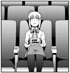 Rule 34 | 0 0, 1girl, 1koma, ahoge, armrest, artoria pendragon (all), artoria pendragon (fate), black border, blank eyes, blush, border, bucket, comic, commentary request, fate/stay night, fate (series), food, greyscale, hair between eyes, hair bun, halftone, halftone texture, long sleeves, looking at viewer, monochrome, movie theater, neck ribbon, open mouth, pantyhose, popcorn, ribbon, saber (fate), seat, single hair bun, sitting, skirt, smile, solo, surprised, tsukumo (soar99)