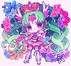 Rule 34 | 1girl, bare shoulders, blue flower, boots, chibi, closed mouth, colored eyelashes, crown, detached sleeves, dress, falulu, falulu (awakened), flower, forehead jewel, full body, gears, green hair, grey eyes, hand up, headphones, highres, idol clothes, kohinata kanoo, long hair, looking at viewer, orange flower, parted bangs, pink dress, pink flower, pretty series, pripara, priticket, sidelocks, smile, solo, sparkle, standing, thigh boots, twintails, very long hair, white footwear, wing hair ornament