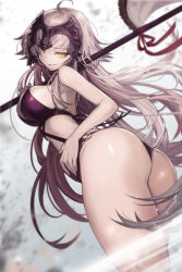 Rule 34 | 1girl, ahoge, ass, breasts, cowboy shot, fate/grand order, fate (series), flagpole, from behind, goomrrat, grey hair, grin, hand on own hip, headpiece, jeanne d&#039;arc (fate), jeanne d&#039;arc alter (avenger) (fate), jeanne d&#039;arc alter (fate), large breasts, long hair, looking at viewer, looking back, o-ring, one-piece swimsuit, over shoulder, purple one-piece swimsuit, sideboob, smile, solo, swimsuit, very long hair, weapon, weapon over shoulder, yellow eyes