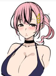 1girl black_choker blushing_female breasts choker cleavage colorized diisuke hair_ornament hairpin large_breasts looking_to_the_side mole mole_under_eye mole_under_mouth multicolored_hair original pink_hair ponytail sexually_suggestive simple_background solo swimsuit two-tone_hair white_background