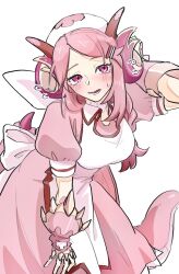Rule 34 | 1girl, bent over, blush, braid, breasts, cowboy shot, dragon girl, dragon horns, dragon tail, dress, duel monster, hat, highres, horns, long hair, looking at viewer, medium breasts, nurse, nurse dragonmaid, parted bangs, pink dress, pink eyes, pink hair, pink tail, simple background, solo, tail, tokiwajing, white background, white hat, yu-gi-oh!
