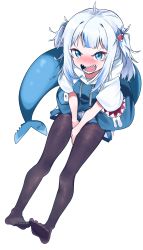 Rule 34 | 1girl, absurdres, ahoge, black pantyhose, blue eyes, blue hair, blunt bangs, blush, embarrassed, fins, fish tail, gawr gura, hair ornament, hairclip, highres, hololive, hololive english, holomyth, hood, hoodie, looking at viewer, medium hair, multicolored hair, open mouth, pantyhose, shark girl, shark hair ornament, shark tail, sharp teeth, short sleeves, shorts, simple background, solo, streaked hair, tail, teeth, tosyeo, twintails, two-tone hair, two side up, virtual youtuber, white background, white hair