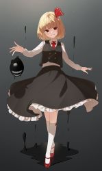 Rule 34 | 1girl, arm up, beads, black skirt, black vest, blonde hair, breasts, bright pupils, center frills, collared shirt, commentary request, frills, full body, gradient background, grey background, grin, hair ribbon, highres, kanpa (campagne 9), kneehighs, looking at viewer, necktie, petticoat, red eyes, red necktie, red ribbon, ribbon, rumia, shirt, short hair, simple background, skirt, small breasts, smile, socks, solo, standing, touhou, vest, white shirt, white socks, wing collar