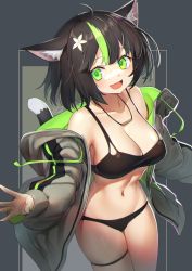 Rule 34 | 1girl, :d, ahoge, animal ear fluff, animal ears, bikini, black bikini, breasts, cat ears, cat tail, cleavage, female focus, flower, green eyes, green hair, hair flower, hair ornament, highres, hood, hooded jacket, jacket, jewelry, large breasts, looking at viewer, mitake eil, multicolored hair, necklace, off shoulder, open mouth, original, short hair, skindentation, smile, solo, swimsuit, tail, thigh strap