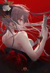 Rule 34 | 1girl, azur lane, backless kimono, bare back, character name, earrings, flower, from side, grey hair, hair flower, hair ornament, highres, holding, holding sword, holding weapon, japanese clothes, jean bart (azur lane), jean bart (first snow upon the cutlass&#039;s edge) (azur lane), jewelry, katana, kimono, long hair, looking at viewer, pink eyes, red background, red flower, red rose, red sash, rose, sarashi, sash, sideways glance, simple background, sleeveless, sleeveless kimono, solo, sword, two-tone kimono, upper body, very long hair, vichya dominion (emblem), weapon, white flower, xi-u