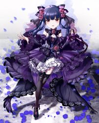 Rule 34 | 1girl, absurdres, black thighhighs, blue flower, blue hair, blue rose, blush, breasts, detached sleeves, dress, flower, full body, gherehg, hair flower, hair ornament, highres, idolmaster, idolmaster cinderella girls, long hair, looking at viewer, open mouth, purple dress, red eyes, rose, sajo yukimi, small breasts, smile, solo, thighhighs, twintails, zettai ryouiki