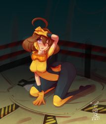 Rule 34 | 1girl, ahoge, arms (game), artist name, ass, blush, bob cut, bodysuit, breasts, brown hair, gloves, goggles, goggles around neck, kneeling, large breasts, mechanica (arms), one eye closed, parted lips, purple eyes, short hair, solo, tiger1001