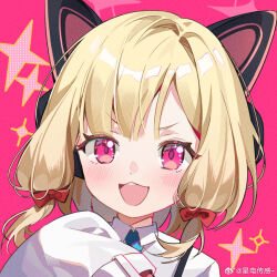 Rule 34 | 1girl, animal ear headphones, bare shoulders, blonde hair, blue archive, blue necktie, blush, cat ear headphones, hair ribbon, headphones, hoshiko (419401x), jacket, looking at viewer, momoi (blue archive), necktie, open mouth, pink background, red ribbon, ribbon, school uniform, shirt, smile, solo, upper body, weibo, white jacket, white shirt