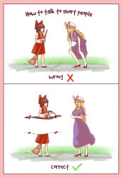 Rule 34 | 2girls, 2koma, :d, absurdres, alternate hair length, alternate hairstyle, annoyed, ascot, bare shoulders, blonde hair, blunt bangs, bow, broom, brown eyes, brown hair, closed mouth, comic, commentary, crossed arms, day, detached sleeves, dress, english text, frilled bow, frilled hair tubes, frilled skirt, frilled sleeves, frills, frown, full body, gap (touhou), grass, grin, hair between eyes, hair bow, hair ornament, hair tubes, hakurei reimu, hands on lap, hands up, hat, hat ribbon, height difference, high heels, highres, holding, holding broom, how to talk to short people (meme), legs apart, long dress, long hair, looking at another, meme, mob cap, multiple girls, open mouth, outdoors, pantyhose, puffy short sleeves, puffy sleeves, pumps, purple dress, red bow, red footwear, red ribbon, red shirt, red skirt, ribbon, ribbon-trimmed sleeves, ribbon trim, sandals, shirt, shoes, short sleeves, sidelocks, skirt, skirt set, sleeveless, sleeveless shirt, smile, socks, squatting, standing, tabi, touhou, white hat, white legwear, wide sleeves, yakumo yukari, yellow ascot, yellow eyes, yoruny