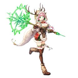 Rule 34 | 1girl, antlers, boots, breasts, cape, cleavage, feet, full body, fur trim, gloves, green eyes, happy, highres, holding, holding staff, holding weapon, hood, hoodie, horns, large breasts, legs, looking at viewer, open mouth, pink hair, smile, solo, staff, standing, thigh boots, thighhighs, thighs, transparent background, unitia, weapon