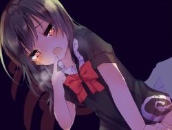 Rule 34 | 1girl, bad id, bad pixiv id, black background, black dress, black hair, bow, bowtie, breath, dress, dutch angle, finger to mouth, heart, heart-shaped pupils, houjuu nue, karasusou nano, long hair, looking at viewer, open mouth, red bow, red bowtie, red eyes, short sleeves, sidelocks, simple background, solo, symbol-shaped pupils, touhou