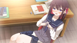 Rule 34 | 1girl, aobara hairi, azki (hololive), blue skirt, blurry, blurry background, blush, book, breasts, brown hair, collarbone, colored inner hair, commentary, commentary request, desk, eraser, furrowed brow, highres, hololive, long sleeves, looking at viewer, medium breasts, multicolored hair, neckerchief, on chair, open mouth, pencil case, pink hair, pleated skirt, purple eyes, purple neckerchief, purple vest, shirt, sitting, skirt, solo, upper body, vest, virtual youtuber, white shirt, x fingers