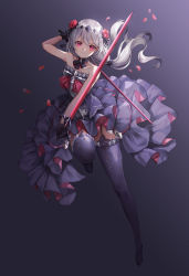 Rule 34 | 1girl, black background, black thighhighs, commentary request, detached collar, dress, dual wielding, flower, garter belt, gradient background, grey background, hair between eyes, hair flower, hair ornament, holding, holding sword, holding weapon, honkai (series), honkai impact 3rd, leg up, long hair, looking at viewer, lunacle, petals, purple dress, purple thighhighs, red eyes, sidelocks, silver hair, sleeveless, sleeveless dress, smile, solo, strapless, strapless dress, sword, tattoo, theresa apocalypse, theresa apocalypse (luna kindred), thighhighs, weapon