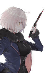 Rule 34 | 1girl, ahoge, black coat, black dress, breasts, coat, dress, fate/grand order, fate (series), fur trim, hand in pocket, hand up, highres, holding, holding knife, holding weapon, jacket, jeanne d&#039;arc (fate), jeanne d&#039;arc alter (fate), jeanne d&#039;arc alter (ver. shinjuku 1999) (fate), knife, large breasts, long sleeves, looking at viewer, nesume, official alternate costume, open clothes, open coat, open jacket, short dress, short hair, silver hair, solo, standing, upper body, weapon, yellow eyes