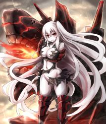 Rule 34 | 10s, 1girl, abyssal ship, aircraft carrier princess, armor, armored boots, bare shoulders, black dress, blush, boots, breast hold, breasts, cleavage, colored skin, dress, gauntlets, huge breasts, kantai collection, long hair, looking at viewer, machinery, navel, no bra, no panties, one side up, pale skin, sailor collar, smile, solo, sumapan, torn clothes, very long hair, white hair, white skin