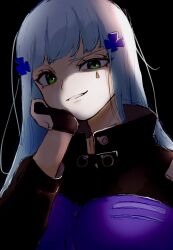 Rule 34 | 1girl, black background, blue hair, commentary request, girls&#039; frontline, gloves, green eyes, grin, hair ornament, head rest, highres, hk416 (girls&#039; frontline), jacket, long hair, looking at viewer, onakasuita xx, simple background, smile, solo, teardrop facial mark, upper body
