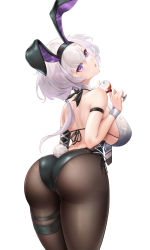 Rule 34 | 1girl, absurdres, animal ears, arm strap, ass, azur lane, back, bare shoulders, black leotard, breasts, brown pantyhose, commentary, cowboy shot, cup, drinking glass, fake animal ears, from behind, hair between eyes, halterneck, highres, holding, holding cup, large breasts, leotard, liu liaoliao, long hair, looking at viewer, looking back, official alternate costume, pantyhose, parted lips, playboy bunny, purple eyes, rabbit tail, reno (azur lane), reno (reno bunnino) (azur lane), simple background, solo, tail, thigh strap, white background, white hair, wrist cuffs
