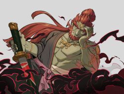 Rule 34 | 1boy, abs, beard, bracelet, closed mouth, facial hair, ganondorf, grey background, hair bun, hand on own cheek, hand on own face, hand up, highres, holding, holding weapon, jewelry, long hair, male focus, nail polish, nintendo, red hair, ring, single hair bun, smile, solo, the legend of zelda, the legend of zelda: tears of the kingdom, weapon, yossra