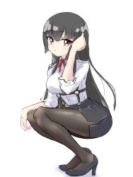 Rule 34 | 1boy, 1girl, absurdres, atre, black hair, black pantyhose, blush, breasts, highres, jashin-chan dropkick, large breasts, long hair, looking at viewer, open mouth, pantyhose, red eyes, simple background, white background