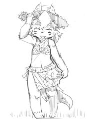 Rule 34 | 1girl, ^ ^, animal ears, animal nose, arm at side, arm up, bare shoulders, barefoot, bikini, bikini skirt, closed eyes, ears through headwear, facial mark, facing viewer, female focus, flat chest, floral print, fox ears, fox girl, fox tail, full body, furry, furry female, greyscale, happy, hat, kame (3t), legs, monochrome, navel, open mouth, original, short hair, simple background, sketch, smile, solo, standing, stomach, straight-on, straw hat, swimsuit, tail, whisker markings, white background, yhun-chan (kame (3t))