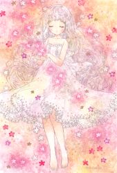 Rule 34 | 1girl, back bow, bare shoulders, barefoot, bow, closed eyes, collarbone, commentary request, dress, eyelashes, floral background, flower, full body, hisakata (hisa nn), lace, lace-trimmed bow, lace-trimmed dress, lace trim, light blush, long hair, medium dress, original, outstretched hand, parted lips, pink background, pink flower, pink hair, sleeveless, sleeveless dress, solo, twitter username, two-tone background, very long hair, wavy hair, white bow, white dress, yellow background
