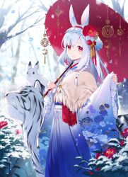 Rule 34 | 1girl, animal, animal ears, asahikawa hiyori, bare tree, blue kimono, blurry, blurry background, braid, chinese zodiac, closed mouth, commentary request, day, depth of field, flower, frilled sleeves, frills, fringe trim, grey hair, hair between eyes, hair flower, hair ornament, highres, holding, holding umbrella, japanese clothes, kimono, long hair, long sleeves, looking at viewer, oil-paper umbrella, original, outdoors, pinching sleeves, rabbit, rabbit ears, red eyes, red flower, red rose, rose, sleeves past wrists, smile, snow, solo, tiger, tree, twin braids, umbrella, very long hair, white flower, white rose, wide sleeves, year of the rabbit