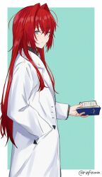 Rule 34 | 1girl, absurdres, ange katrina, ange katrina (4th costume), blue eyes, book, closed mouth, hair between eyes, hair intakes, hand in pocket, highres, holding, holding book, lab coat, long hair, nijisanji, open book, red hair, rinfamm, simple background, solo, twitter username, virtual youtuber