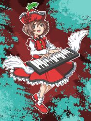 Rule 34 | 1girl, aksawshin, brown eyes, brown hair, hat, instrument, keyboard (instrument), long sleeves, lyrica prismriver, mary janes, music, perfect cherry blossom, pixel art, playing instrument, red footwear, red hat, red skirt, red vest, shirt, shoes, short hair, skirt, skirt set, smile, socks, solo, touhou, vest, white shirt