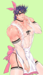 Rule 34 | 1boy, alternate hair color, apron, ass, bara, bare shoulders, blue eyes, blush, covered abs, covered erect nipples, covered navel, covering privates, covering crotch, cowboy shot, crossdressing, frilled apron, frills, gradient hair, hair ornament, head tilt, highres, jojo no kimyou na bouken, joseph joestar, joseph joestar (young), large pectorals, male focus, medium hair, multicolored hair, muscular, pectorals, pelvic curtain, purple hair, see-through, see-through sleeves, sideburns, solo, spread legs, thick thighs, thighhighs, thighs, xing xiao