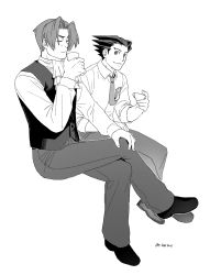 Rule 34 | 2boys, ace attorney, artist name, ascot, blush, closed mouth, collared shirt, cup, dated, closed eyes, forehead, godzillapigeon1, greyscale, hair intakes, halftone, hand on own knee, hand up, highres, holding, holding cup, invisible chair, crossed legs, light blush, long sleeves, looking at another, looking to the side, male focus, miles edgeworth, monochrome, multiple boys, necktie, pants, phoenix wright, shirt, shoes, short hair, signature, simple background, sitting, sleeves rolled up, spiked hair, teacup, tie clip, v-shaped eyebrows, vest, white background
