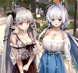 Rule 34 | 2girls, absurdres, alternate costume, azur lane, bare shoulders, blue eyes, blush, breasts, casual, cleavage, collarbone, commentary request, floral print, formidable (azur lane), grey hair, hair ribbon, high-waist skirt, highres, illustrious (azur lane), jewelry, large breasts, long hair, looking at viewer, multiple girls, off-shoulder shirt, off shoulder, open mouth, pendant, red eyes, revision, ribbon, see-through, shirt, skirt, smile, standing, town, tri tails, twintails, very long hair, wata0933