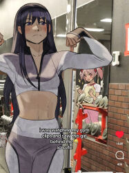 2girls absurdres adapted_costume akemi_homura black_hair casual contemporary crop_top flexing highres kaname_madoka kyubey long_hair mahou_shoujo_madoka_magica meme mirror multiple_girls photo_background pink_hair silverheather sportswear stomach tiktok very_long_hair