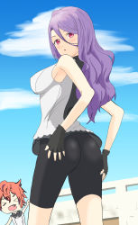 Rule 34 | 2girls, artist request, ass, ass grab, bare shoulders, bike shorts, blush, breasts, emilia (lapis re:lights), fang, fingerless gloves, from behind, gloves, highres, lapis re:lights, large breasts, long hair, looking at viewer, multiple girls, open mouth, purple hair, red eyes, red hair, salsa (lapis re:lights), shirt, short hair, sideboob, smile