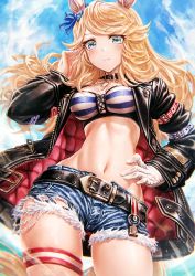Rule 34 | 1girl, animal ears, bandeau, bell, belt, black belt, black choker, black jacket, blonde hair, blue eyes, blue sky, blush, bow, breasts, chain, choker, closed mouth, cloud, commentary, cowboy shot, cutoffs, day, denim, denim shorts, ear bow, ear covers, from below, gloves, gold chain, gold city (umamusume), groin, hand on own hip, hand up, highres, horse ears, horse girl, horse tail, jacket, lain, long hair, long sleeves, looking at viewer, medium breasts, midriff, navel, open clothes, open jacket, short shorts, shorts, sidelocks, single glove, skindentation, sky, solo, standing, striped bandeau, swept bangs, tail, thigh strap, umamusume, white gloves
