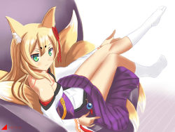 Rule 34 | 1girl, animal ear fluff, animal ears, bad id, bad pixiv id, bare shoulders, blonde hair, blush, breasts, cleavage, couch, dated, fox ears, green eyes, heart of tentacles, highres, inari, japanese clothes, kimono, kitsune, kyaputen, light smile, long hair, looking at viewer, lying, mon-musu quest!, monster girl, multiple tails, shadow, sidelocks, sitting, small breasts, socks, solo, tail, tamamo (mon-musu quest!), tattoo, watermark