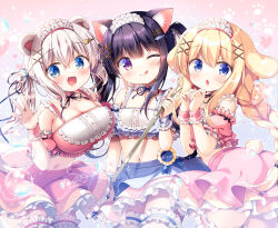 Rule 34 | 3girls, :d, ;q, animal ear fluff, animal ears, bear ears, black hair, blonde hair, blue eyes, braid, breasts, bridal garter, bubble, cat ears, chestnut mouth, commentary request, dog ears, fish hair ornament, frilled skirt, frills, hair between eyes, hair ornament, hairclip, highres, large breasts, light blush, long hair, looking at viewer, midriff, multiple girls, navel, one eye closed, open mouth, original, pink background, purple eyes, sasai saji, skirt, small breasts, smile, star (symbol), star hair ornament, tail, tongue, tongue out, twintails, waving, white hair, wrist cuffs, x hair ornament