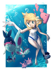 Rule 34 | 1girl, air bubble, bare arms, blonde hair, border, breasts, bubble, clamperl, closed mouth, commentary request, corsola, creatures (company), eyelashes, finneon, freediving, game freak, gen 2 pokemon, gen 3 pokemon, gen 4 pokemon, green eyes, highres, knees, kuro moyashi, looking to the side, luvdisc, medium hair, misty (pokemon), nintendo, one-piece swimsuit, pokemon, pokemon (creature), pokemon hgss, smile, swimsuit, underwater, white border, white one-piece swimsuit