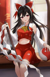 Rule 34 | 1girl, :d, absurdres, black hair, bow, breasts, chirihouki, hair bow, hakurei reimu, hand up, highres, holding, holding stick, light blush, long hair, looking at viewer, medium breasts, midriff, navel, open mouth, parted lips, paw print, red eyes, smile, solo, stick, touhou, very long hair, yellow bow