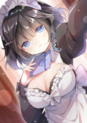 Rule 34 | 1girl, apron, black hair, blue eyes, blush, box, breasts, candy, chocolate, chocolate heart, cleavage, closed mouth, food, gau (n00 shi), gift, gift box, hair ornament, heart, highres, long sleeves, looking at viewer, maid, medium breasts, moe2021, original, short hair, simple background, skirt, solo, valentine, white background