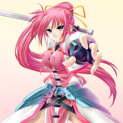 Rule 34 | 00s, 1girl, ayato, breasts, covered erect nipples, laevatein (nanoha), large breasts, long hair, lyrical nanoha, mahou shoujo lyrical nanoha, mahou shoujo lyrical nanoha strikers, pink hair, ponytail, signum, solo, sword, weapon, whip sword