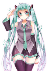 Rule 34 | 1girl, bad id, bad pixiv id, blunt bangs, detached sleeves, green eyes, green hair, hatsune miku, headphones, highres, hisui (sigurehisui), long hair, matching hair/eyes, necktie, simple background, skirt, solo, thigh gap, thighhighs, twintails, very long hair, vocaloid, white background