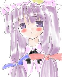 Rule 34 | 1girl, bad id, bad pixiv id, blush stickers, female focus, lowres, patchouli knowledge, purple eyes, purple hair, ribbon, sidorov, simple background, solo, touhou, upper body, white background