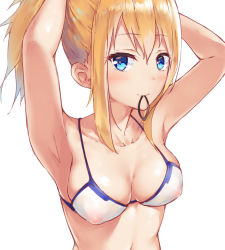 Rule 34 | 1girl, armpits, artoria pendragon (fate), blonde hair, blue eyes, blush, breasts, cleavage, covered erect nipples, fate/grand order, fate (series), looking at viewer, medium breasts, medium hair, mysterious heroine x (fate), mysterious heroine xx (fate), nipples, prpr friends, see-through, simple background, solo, swimsuit, tying hair