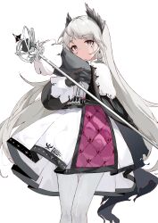 Rule 34 | 1girl, absurdres, arknights, ayaha 4780828, black gloves, closed mouth, commentary request, cowboy shot, dress, expressionless, feet out of frame, gloves, grey eyes, grey hair, highres, holding, holding sword, holding weapon, irene (arknights), long hair, long sleeves, looking at viewer, pantyhose, simple background, solo, standing, sword, very long hair, weapon, white background, white dress, white pantyhose