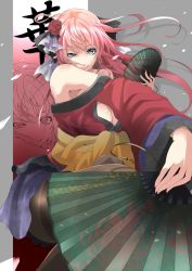 Rule 34 | 1girl, bare shoulders, black pantyhose, blue eyes, breasts, cleavage, endou (zettai bluenoid), female focus, flower, folding fan, hair flower, hair ornament, hand fan, highres, japanese clothes, kimono, large breasts, long hair, looking at viewer, megurine luka, pantyhose, pink hair, project diva (series), project diva 2nd, solo, vocaloid